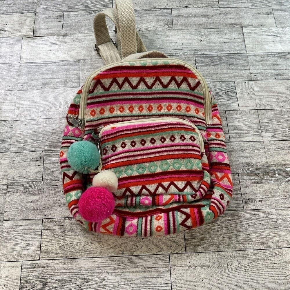 Mini Backpack Colorful Striped Pom Pom Accent Small Cute Travel Bag‎